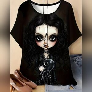 Black Graphic Tee with Doll Design